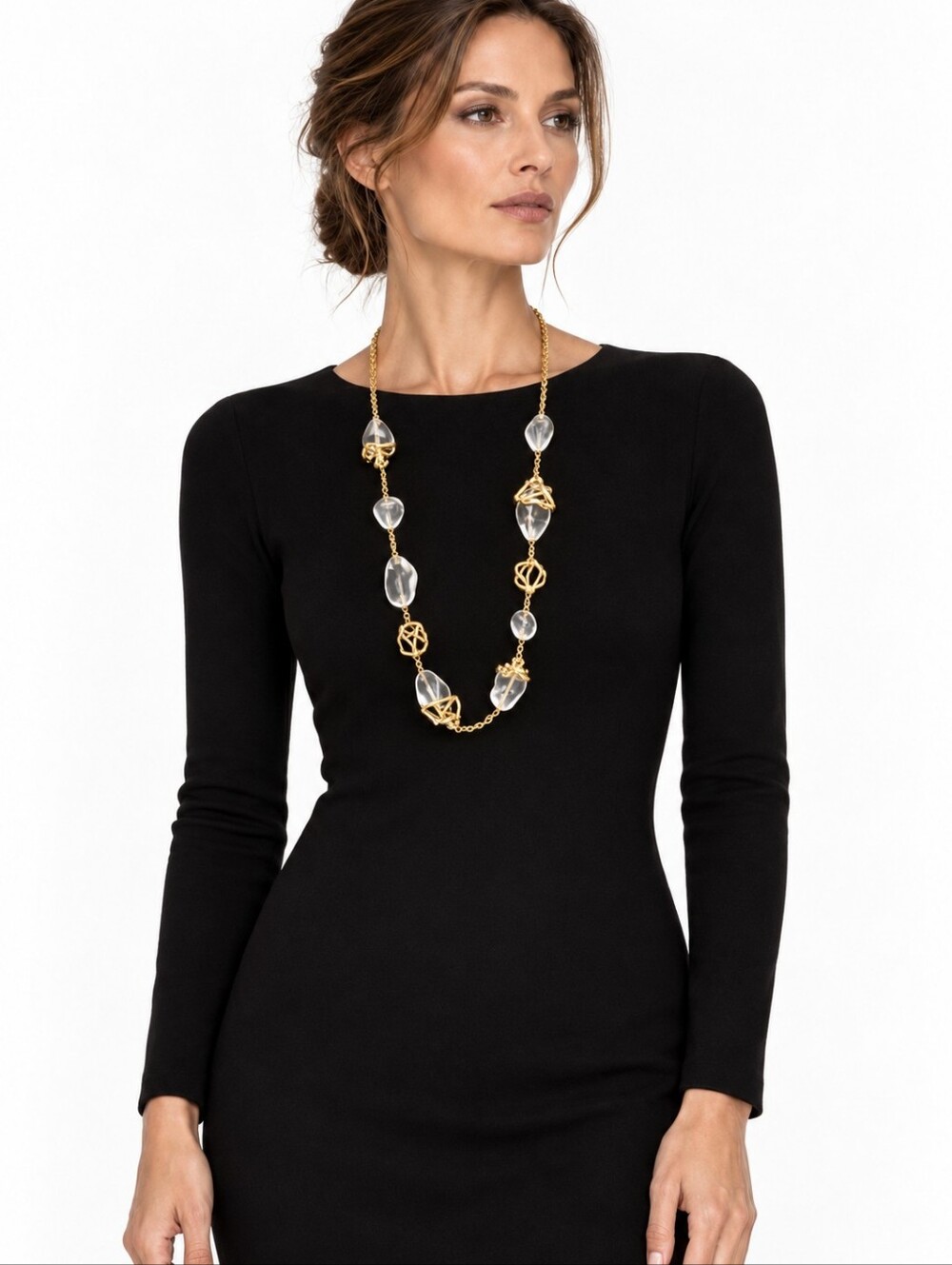 Alexis Bittar Rare Clear Lucite Crystal Encrusted Gold Long Station Necklace